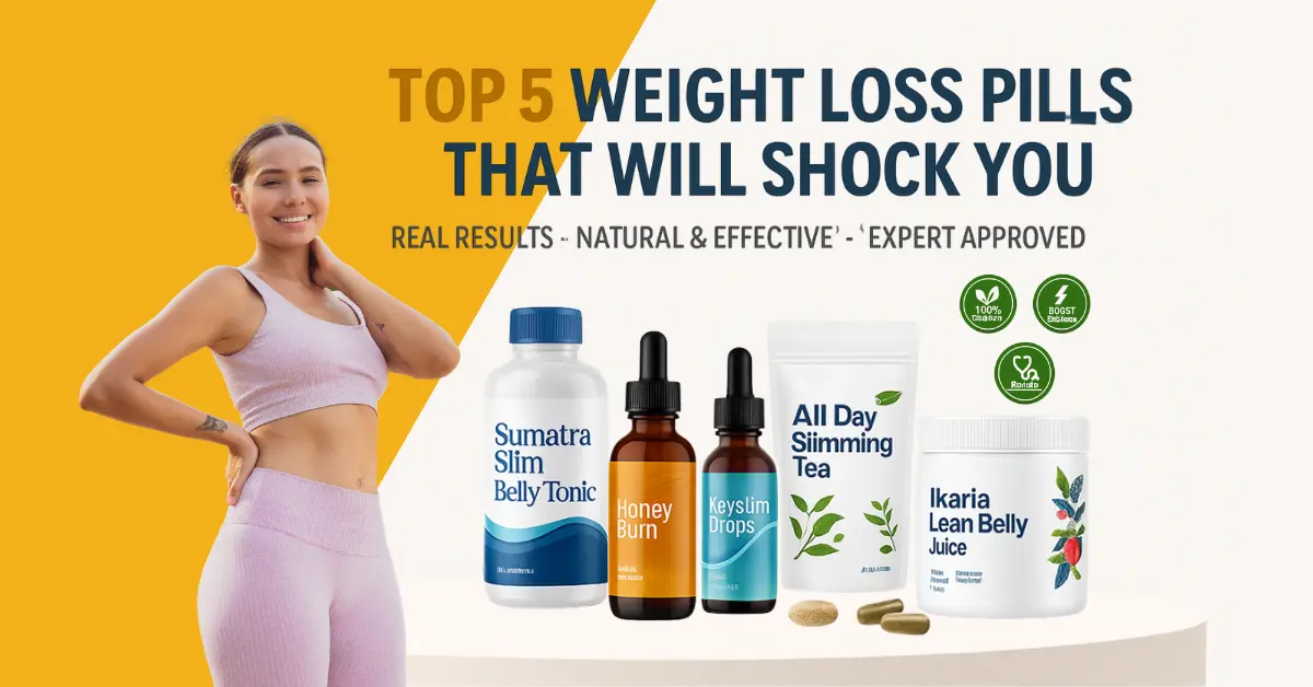 Top 5 weight loss supplements including Sumatra Slim Belly Tonic, Honey Burn, Keyslim Drops, All Day Slimming Tea, and Ikaria Lean Belly Juice, promoted as natural, effective, and doctor-approved solutions for fat loss.