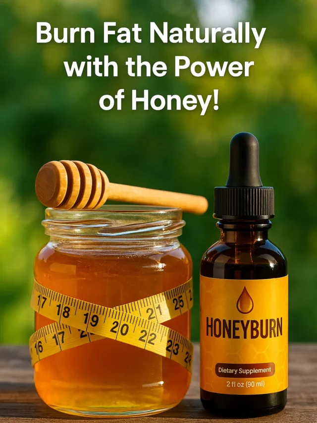 A glowing honey jar with a measuring tape, nature in the background, and the HoneyBurn product bottle.
